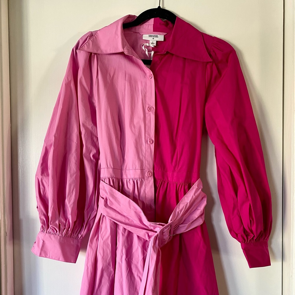 Two-Tone Pink Button-Front Women's Dress with Waist Tie